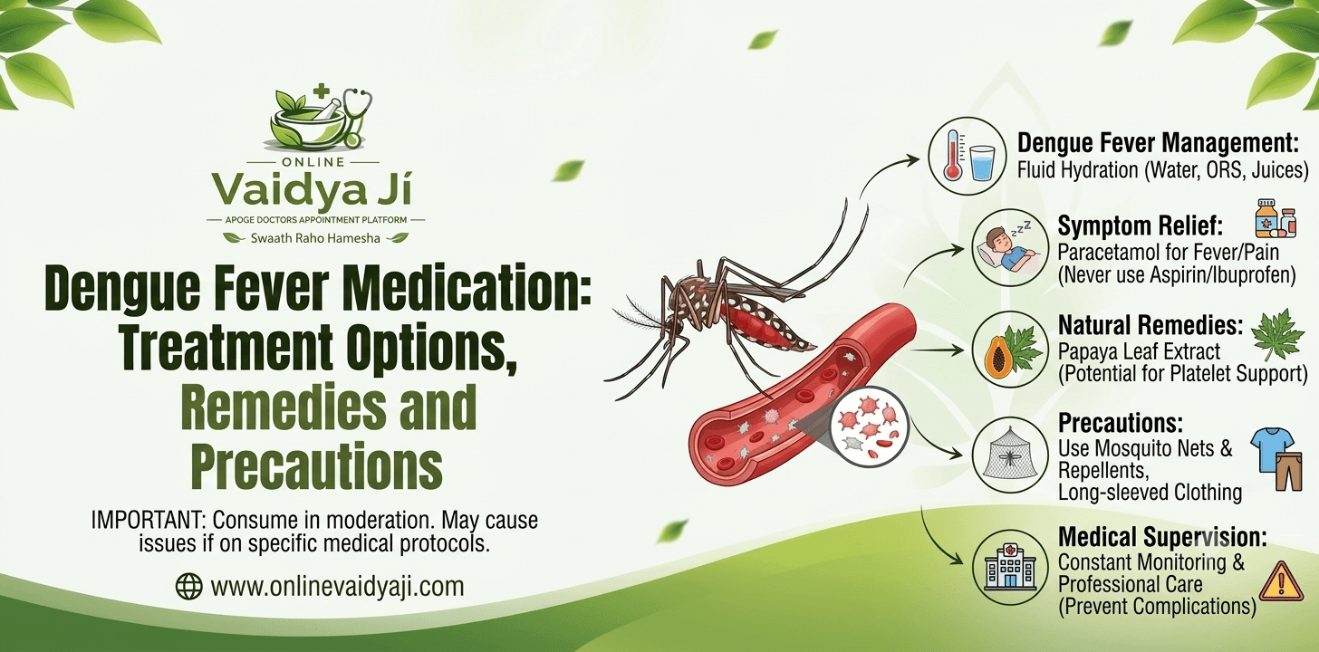 Conclusion Managing dengue effectively requires a balanced approach combining timely care, symptom management, and preventative steps. Understanding dengue fever medication: treatment options, remedies and precautions empowers you to take control of recovery, reduce discomfort, and avoid severe complications. While proper hydration, adequate rest, and safe fever relievers like paracetamol form the core treatment, supportive natural remedies such as papaya leaf extract can help maintain health during recovery. However, precautions should never be overlooked—avoiding NSAIDs like aspirin or ibuprofen is critical to prevent bleeding risks. Always monitor symptoms closely, track platelet counts under proper medical supervision, and consult a doctor immediately if any warning signs arise.